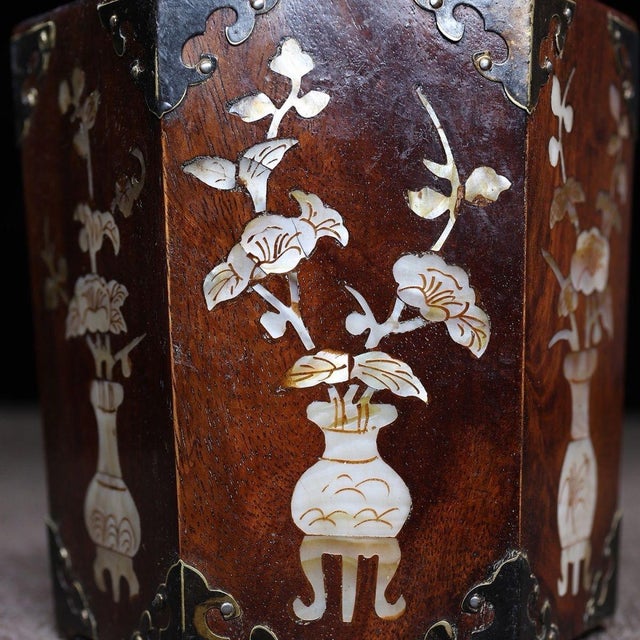 Wood Huali Rosewood Hexagonal Brush Pot Inlaid With Mother-of-Pearl For Sale - Image 7 of 10