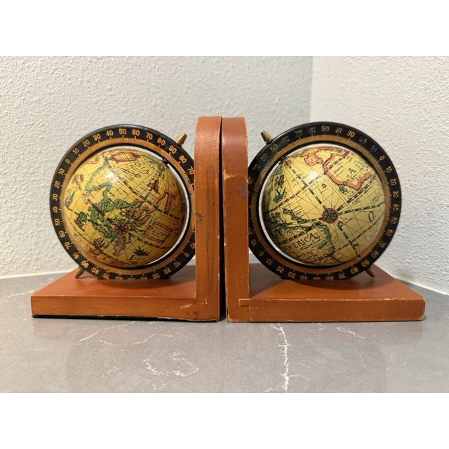Vintage MCM Wood Rotating Globe Old World Map Bookends For Sale - Image 4 of 7
