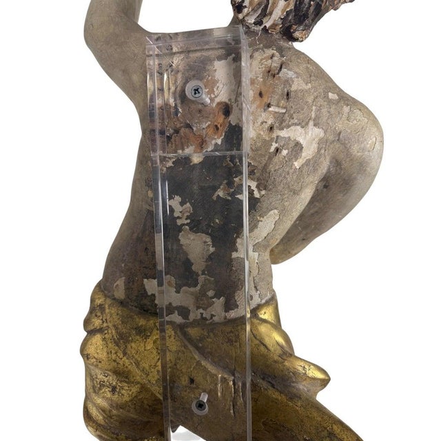 Brass 19th Century Carved Polychrome and Giltwood Statue of a Putti For Sale - Image 8 of 14