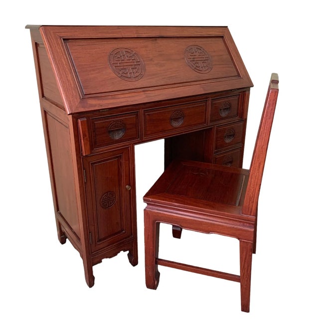 1960s Mid-Century Asian Hand Carved Drop Front Desk and Chair in