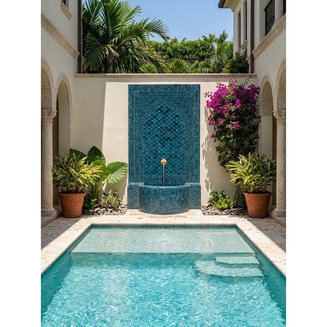 Vintage Moroccan Teal Zellige Tile Wall Fountain For Sale - Image 4 of 7