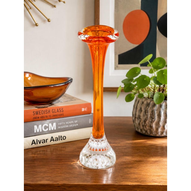 Striking vintage Swedish art glass bud vase by Åseda Glasbruk, attributed to designer Bo Borgström, circa 1960s. This...