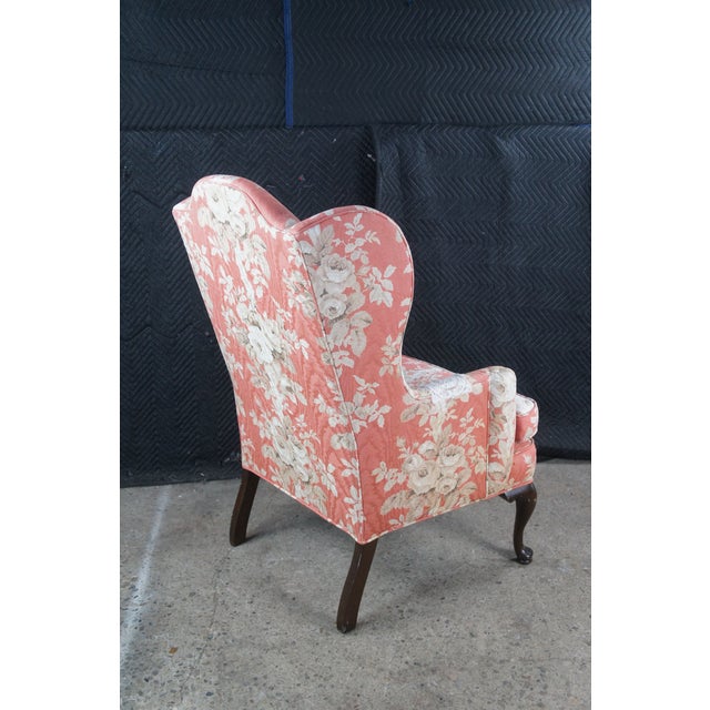 Wood Late 20th Century Ethan Allen Queen Anne 20-7517 Floral Upholstered Sussex Wingback Armchair For Sale - Image 7 of 14