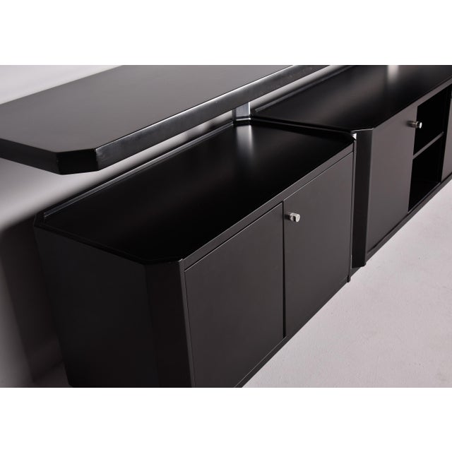 Large 1990s Mid Century Italian Two Tier Credenza With Black Finish and Hinged Base For Sale - Image 11 of 12