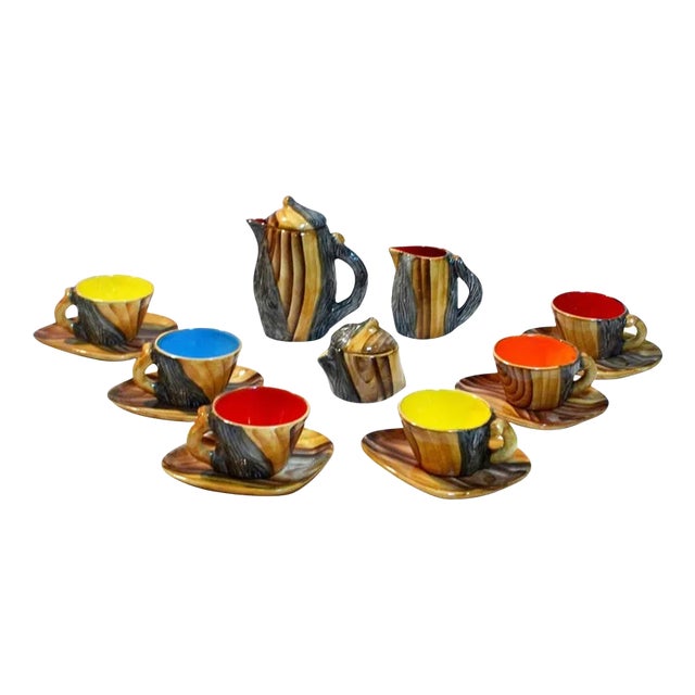 Vintage Ceramic & Faux Wood Tea Set by Grandjean-Jourdan for Vallauris, Set of 9 For Sale
