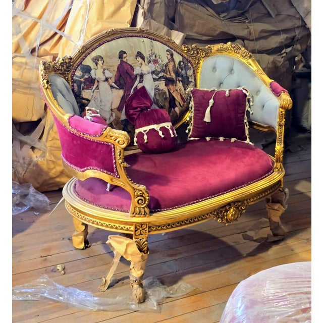 French Velvet Loveseat With Romantic Ballroom Tapestry & Hand-Gilded Gold Leaf Frame For Sale - Image 4 of 4