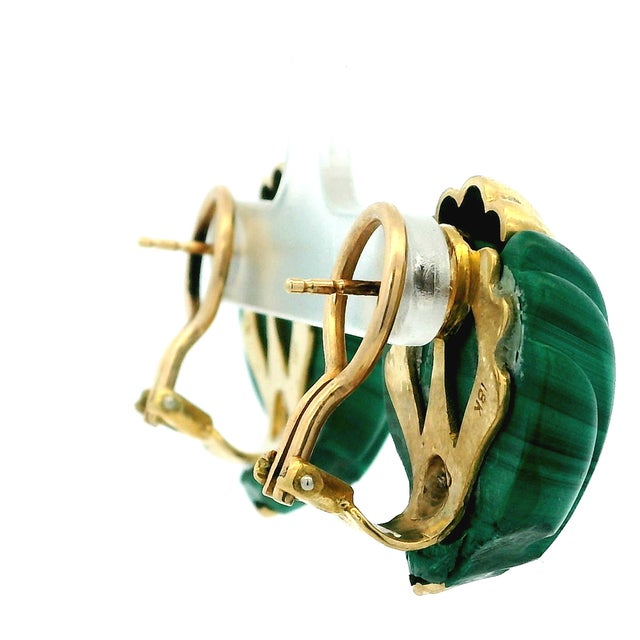 Vintage 1970s 18k Gold Carved Malachite Sculptural Clip-on Earrings, Pair For Sale - Image 12 of 13