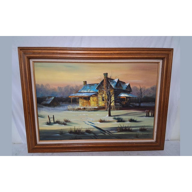 Large original vintage oil painting on canvas depicting a quiet rural winter scene with a rustic house, snow-covered...