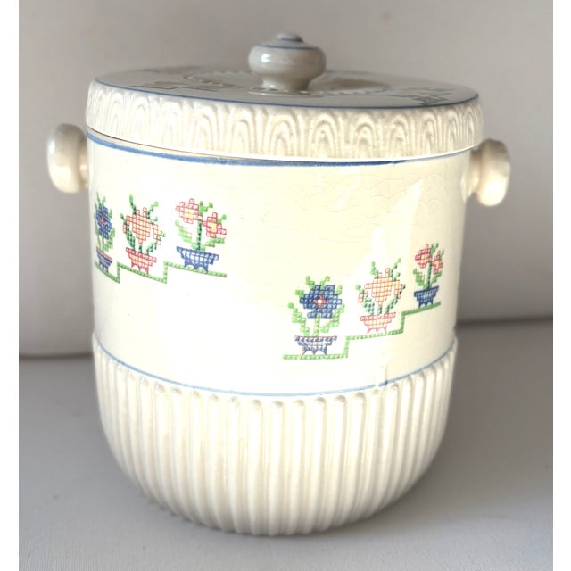 Antique White 1940’s Trompe L’oeil Needlepoint Japanese Ceramic Biscuit Jar For Sale - Image 8 of 9