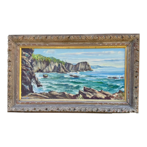 Large 1961 Coastal Seascape Oil Painting Framed 36 X 22.5 Signed Kamji Mid Century