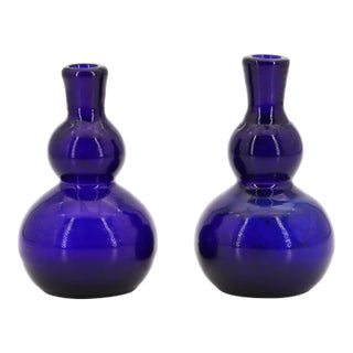 Pair of 19th Century Portuguese Blue Hand-Blown Glass Perfume Bottles For Sale