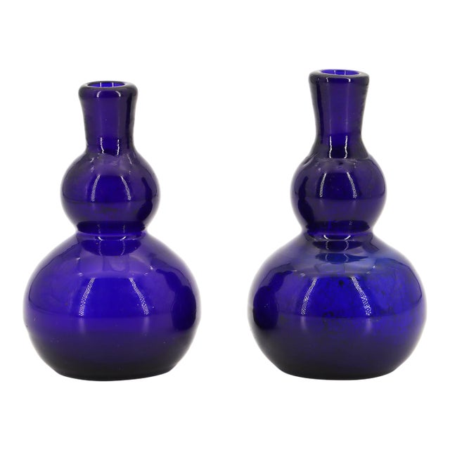 Pair of 19th Century Portuguese Blue Hand-Blown Glass Perfume Bottles For Sale