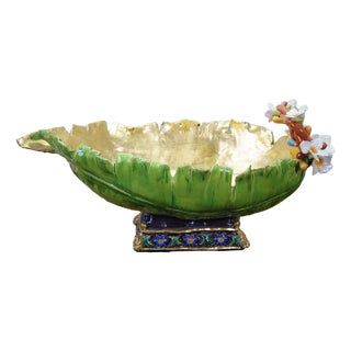 Antique Italian Majolica Footed Banana Leaf Centerpiece Monteith Bowl 26" For Sale