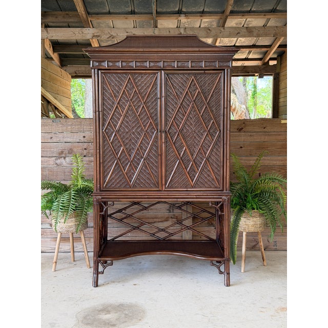 Vintage British Colonial Pagoda Rattan Fretwork Diamond Weave Armoire For Sale - Image 12 of 12