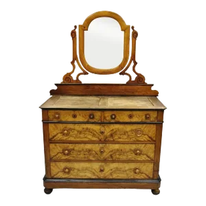 Antique Biedermeier Louis Philippe Burl Walnut Chest Dresser With Mirror