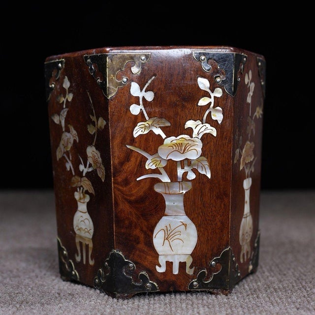 Huali Rosewood Hexagonal Brush Pot Inlaid With Mother-of-Pearl For Sale - Image 4 of 10