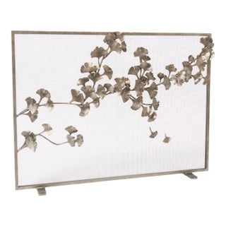Aged Silver Ginkgo Fireplace Screen Iron For Sale