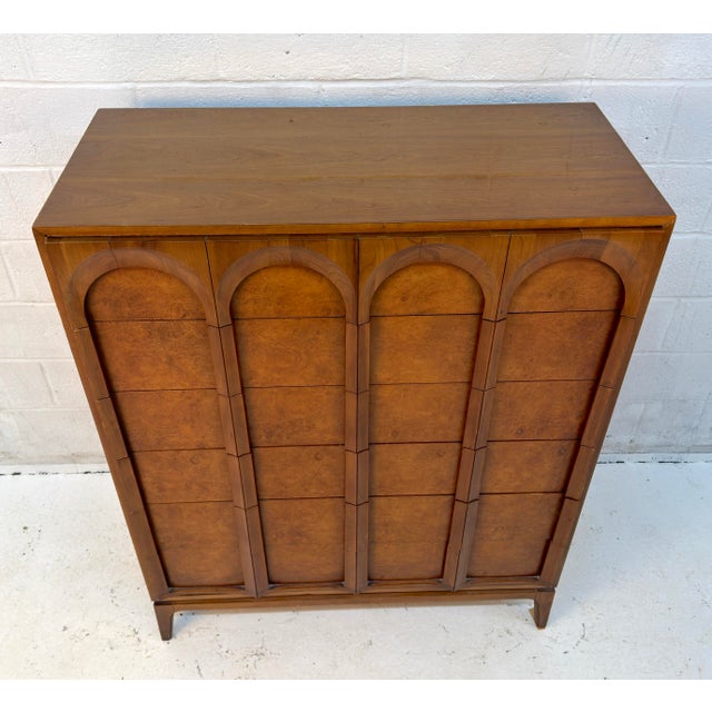 Mid 20th Century Mid-Century Sculptural Arched Walnut and Burlwood Highboy Dresser by Thomasville For Sale - Image 5 of 17