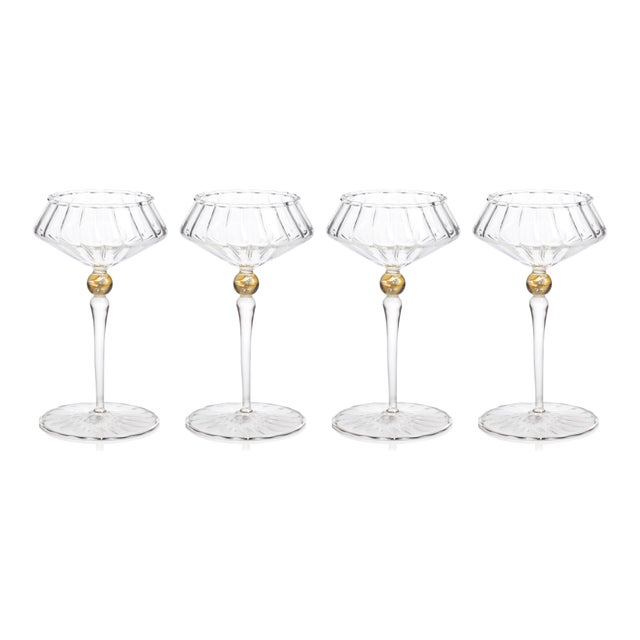 2020s Ondine 4-Piece Set Fluted Coupe Glasses, Clear with Light Amber Accent For Sale - Image 5 of 5
