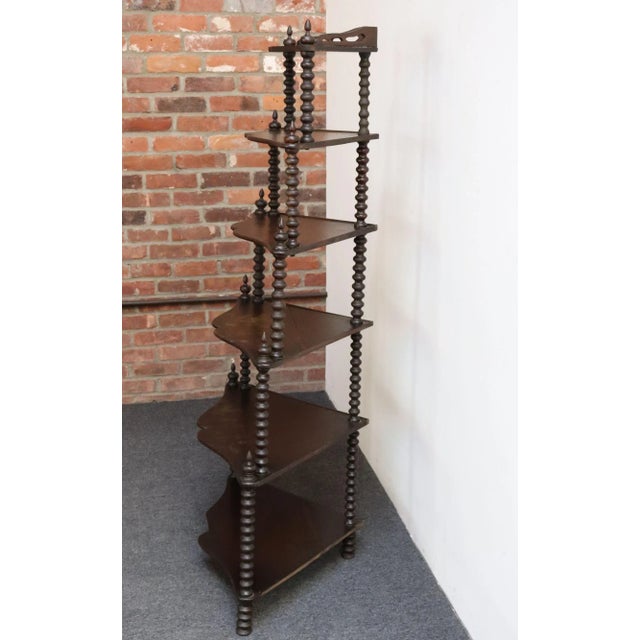 French Antique French Six-Tier Stained Mahogany Spool Form Corner Shelf / Etagere For Sale - Image 3 of 18