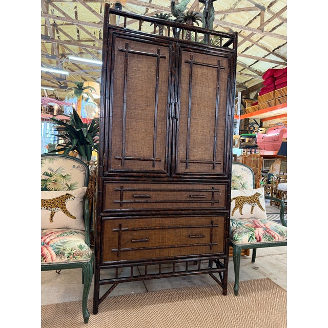 Vintage British Colonial Faux Bamboo and Grasscloth Armoire Cabinet With Drawers For Sale - Image 12 of 12