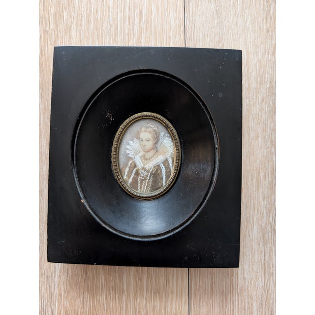 Ebony Mid 20th Century Portrait Miniatures of Noble Ladies in Ebonized Frames - Set of 2 For Sale - Image 8 of 12