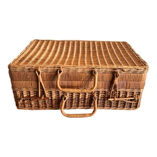 Vintage Wicker Picnic Basket/ Rattan Storage Case With Handles For Sale