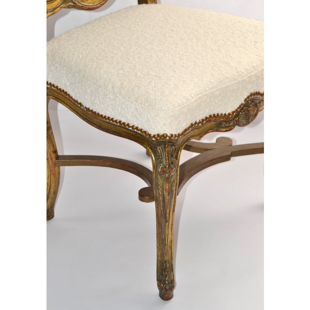 Mid 20th Century Hand-Carved Rococo Louis XV Giltwood Side Chair Bouclé Upholstery Cabriole Legs For Sale In Miami - Image 6 of 15
