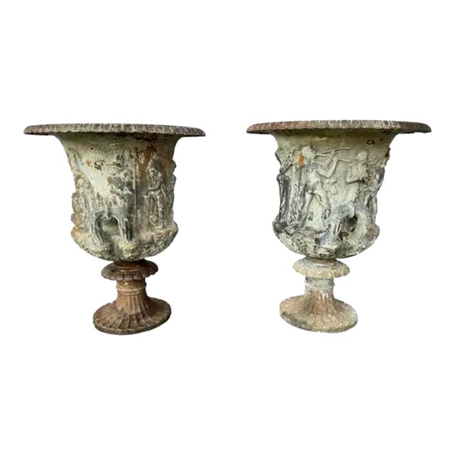 19th Century French Cast Iron Medici Borghese Garden Urns Pair For Sale