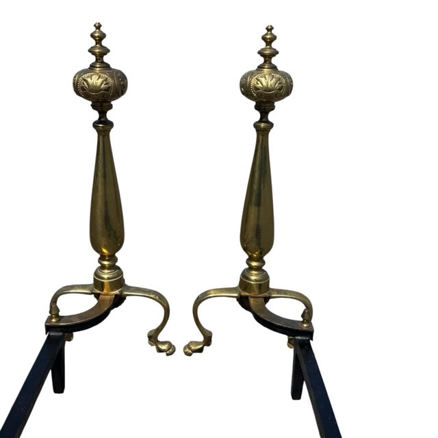 Antique 1920s Brass Fireplace Andirons Pair Refurbished Colonial Hearth Decor For Sale - Image 9 of 18