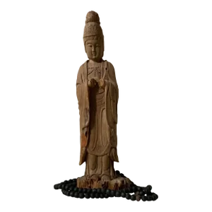 19th Century Hand-Carved Cypress Guanyin Buddhist Goddess of Mercy Sculpture With Prayer Beads