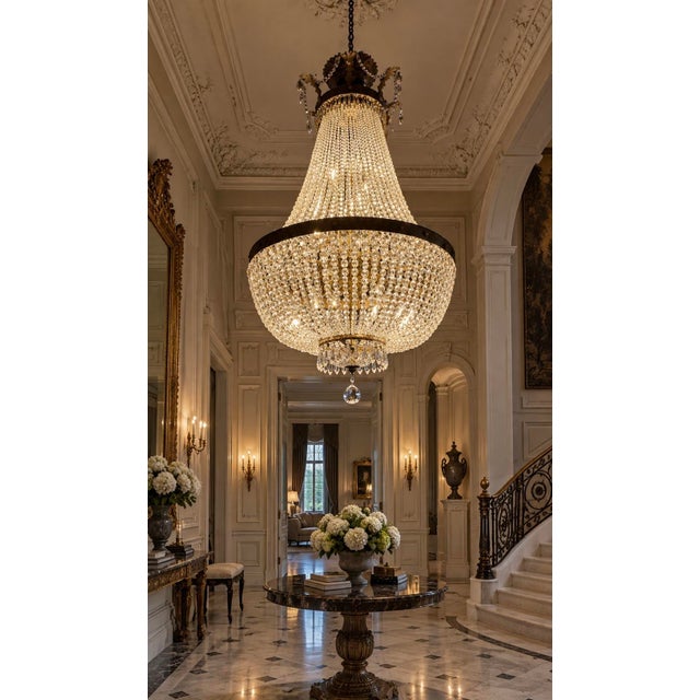 Metal Monumental Bronze and Cut Crystal Basket Chandelier, 1930s For Sale - Image 7 of 7