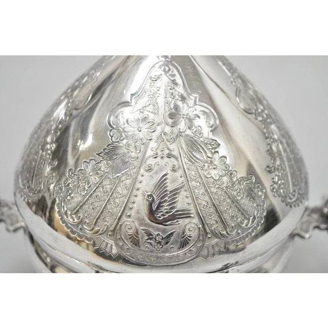 Antique English Art Nouveau Silver Plated Covered Butter Serving Dish w / Birds. Circa Early 20th Century. Measurements:...