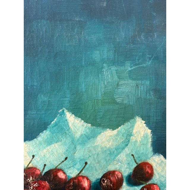 Mid 20th Century Vintage Still Life Oil Painting With Cherries Blue Signed Ivanisevic For Sale - Image 5 of 12