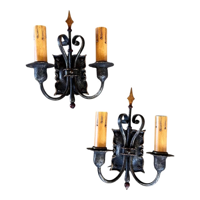 1920 Mediterranean Inspired Sconces, Iron and Brass With Original Old Paints - a Pair For Sale