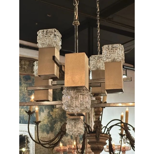 French MCM Nickle and Glass 8 Light Suspension Chandelier For Sale - Image 4 of 7