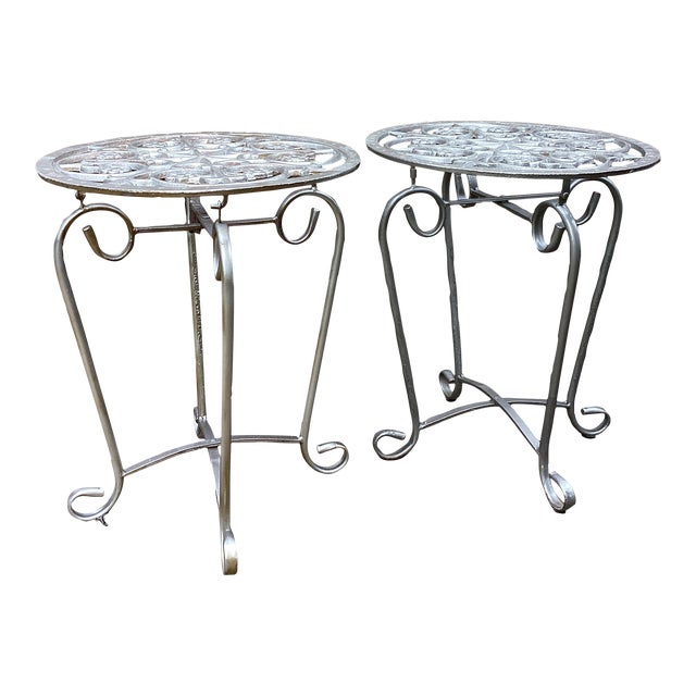 Mid 20th Century French Style Vintage Scrolled Wrought Iron Tables - Set of 2 For Sale