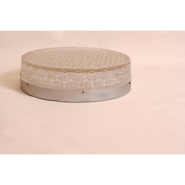 Mid-Century Modern Flush Mount with Chiseled Glass and Metal Base and Ceramic Sockets, 1950s For Sale - Image 4 of 8