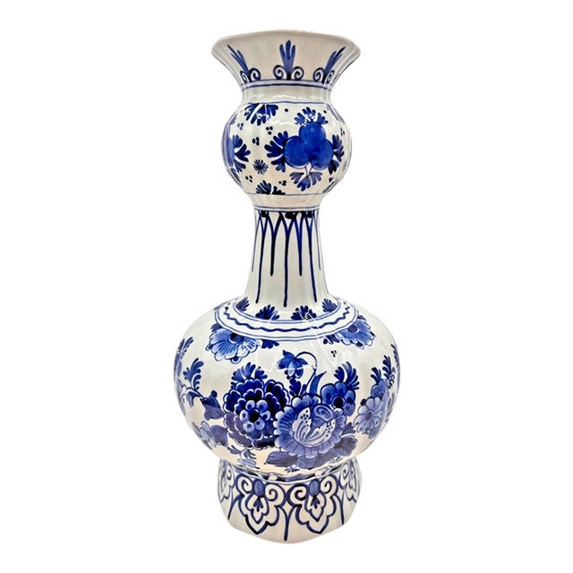 Vintage MCM Royal Delft Hand Painted Blue and White Ceramic''Knobbelvaas'' Vase For Sale