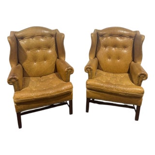 Late 20th Century Pair Hancock & Moore Tufted Leather Wingback Chairs Camel For Sale