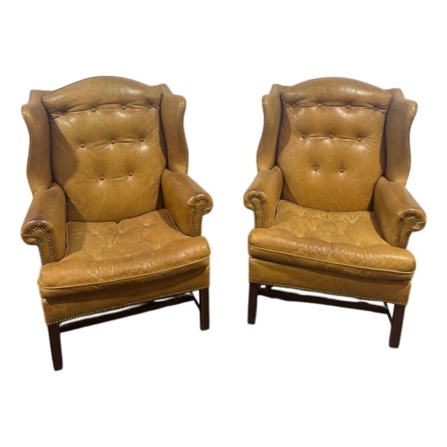 Late 20th Century Pair Hancock & Moore Tufted Leather Wingback Chairs Camel For Sale