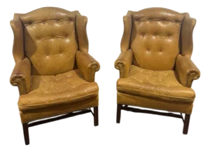 Late 20th Century Pair Hancock & Moore Tufted Leather Wingback Chairs Camel