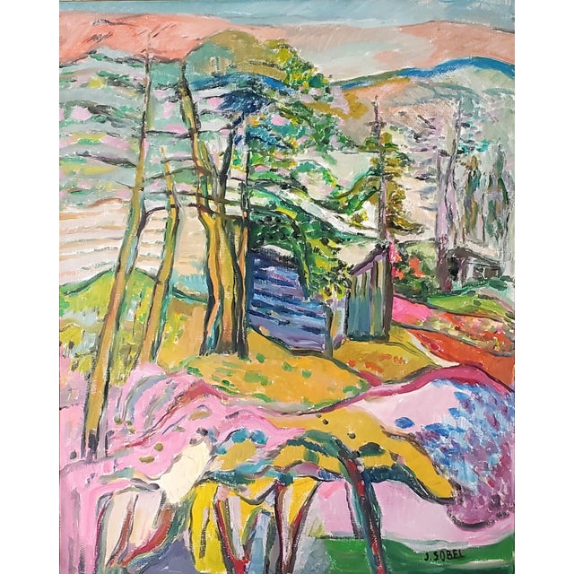 This original oil on canvas painting by Jehudith Sobel (1924-2012) features a joyous abstract landscape that captures a...
