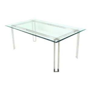 Polished Stainless Steel Base Thick Glass Top Dining Room Table Mid Century