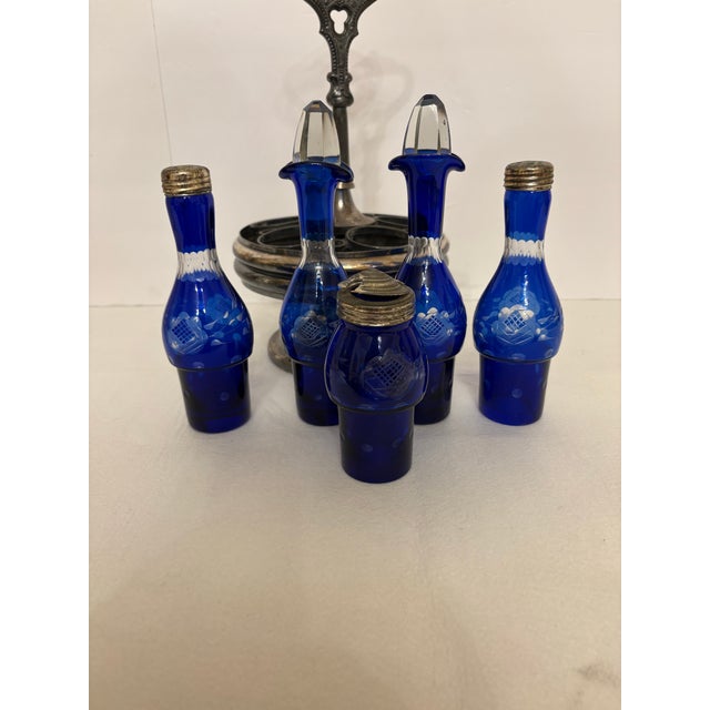Antique Victorian Silver Plate an Cobalt Blue Glass 5-Bottle Caster Cruet Set For Sale - Image 4 of 5