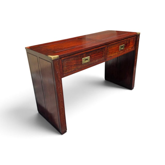 Wood English Regency Rosewood Writing Table With Elaborate Brass Wire Inlay and Brass Corner Mounts, Circa 1830 For Sale - Image 7 of 14