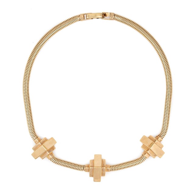Retro 40s Necklace 14k Gold Snake Chain Geometric Stations For Sale - Image 4 of 4