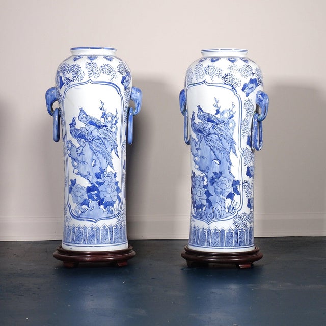 Large Scale Chinese Blue And White Ceramic Floor Vases On Stands With Ring Handles A Pair Chairish