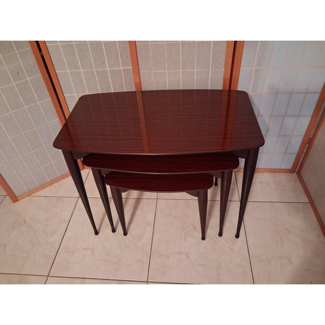 1970s Vintage Mid Century Modern Nesting Tables Set of Three Mahogany With Mahogany Laminate Tops. For Sale - Image 5 of 17