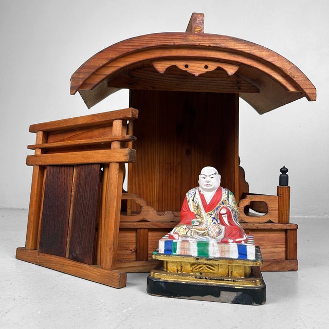 Japanese Wooden Shrine of Kamidana with Monk, 1950s, Set of 2 For Sale - Image 6 of 16